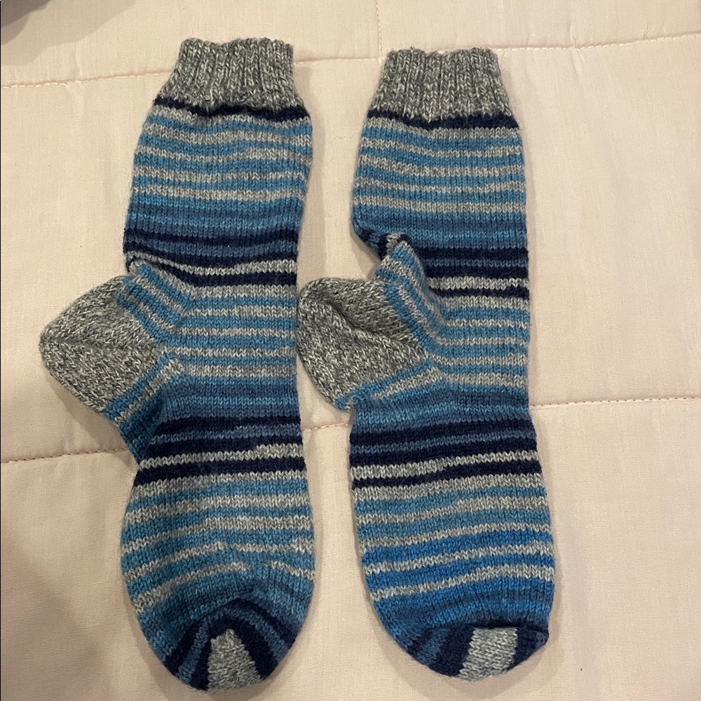 Hand knitted Blue and Gray Striped women socks